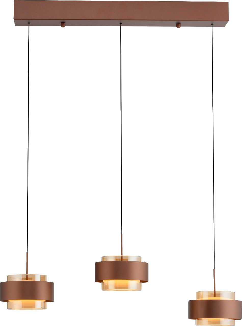 Dreiflammige LED-Hängeleuchte in moderner, brauner Ausführung, frontal abgebildet.