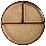 Runder dreigeteilter Keramikteller in gesprenkeltem Beige-Braun mit dunkelbraunem Rand, aus der Draufsicht