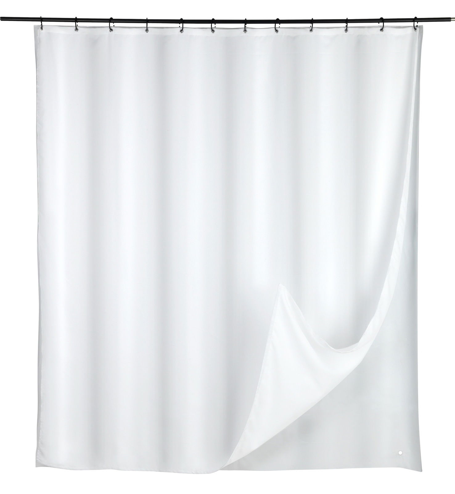 Schöner Wohnen Duschvorhang SAOBA Weißer Duschvorhang 180x200 cm, frontal aufgenommen, mit leichtem Faltenwurf und einer Ecke, die nach vorne umgeschlagen ist.