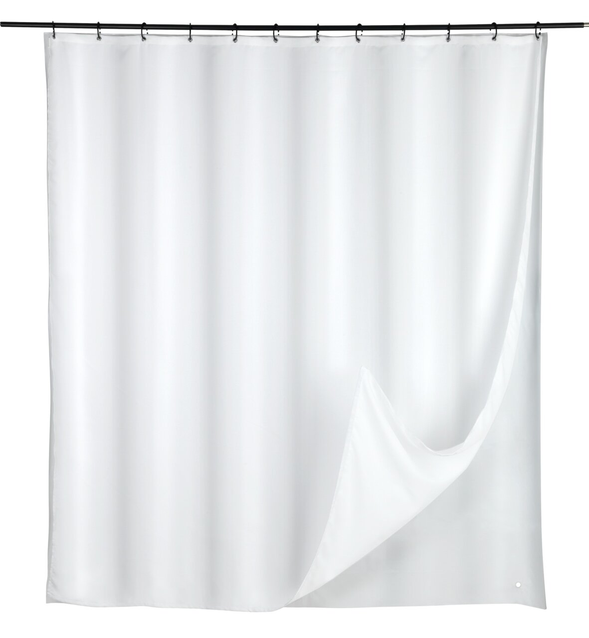 Schöner Wohnen Duschvorhang SAOBA Weißer Duschvorhang 180x200 cm, frontal aufgenommen, mit leichtem Faltenwurf und einer Ecke, die nach vorne umgeschlagen ist.