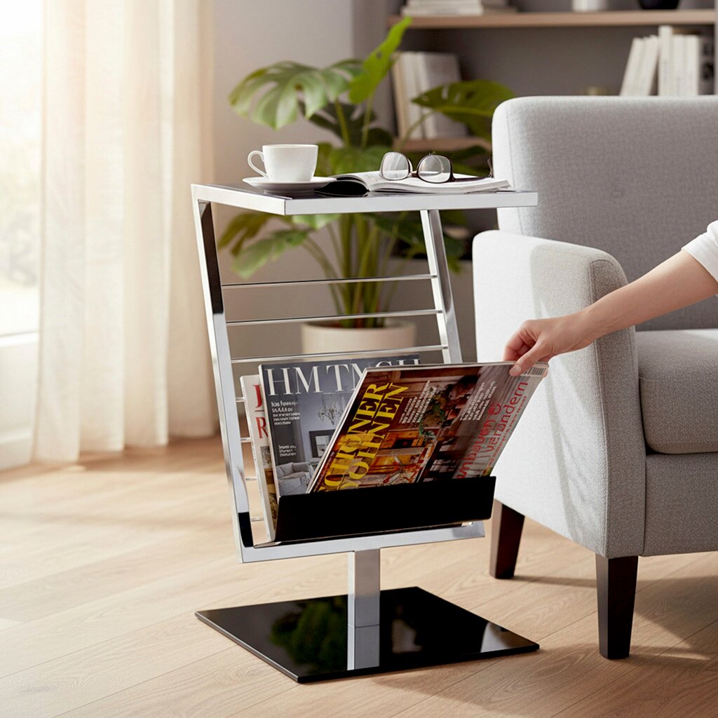 Zurbrüggen Beistelltisch Moderner Beistelltisch mit integrierter Zeitschriftenablage neben einem grauen Sofa, seitliche Perspektive auf das Produkt