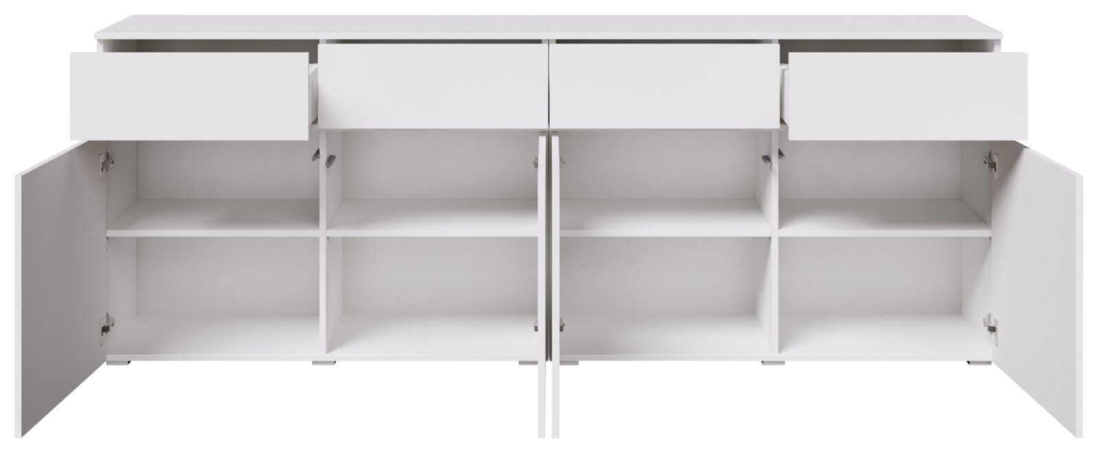 Weißes Sideboard/Kommode mit geöffneter Front, vier Schrankfächern mit Einlegeböden und vier Schubladen oben, frontal von vorne aufgenommen