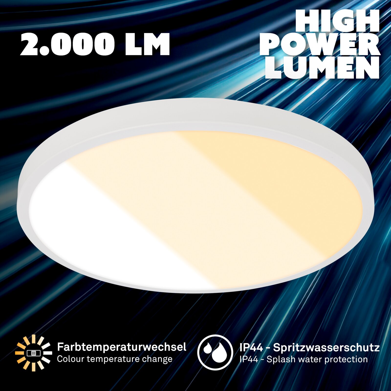 Witte ronde LED-plafondlamp met hoge lichtopbrengst van 2.000 lumen, kleurtemperatuurwissel en IP44 spatwaterbescherming, getoond in een schuin bovenaanzicht.
