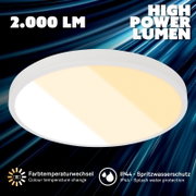 Witte ronde LED-plafondlamp met hoge lichtopbrengst van 2.000 lumen, kleurtemperatuurwissel en IP44 spatwaterbescherming, getoond in een schuin bovenaanzicht.