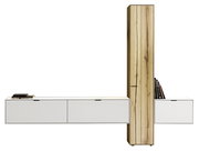 Moderne Wandkombination mit weißem Stauraum und vertikalem Holzelement, seitliche Perspektive.