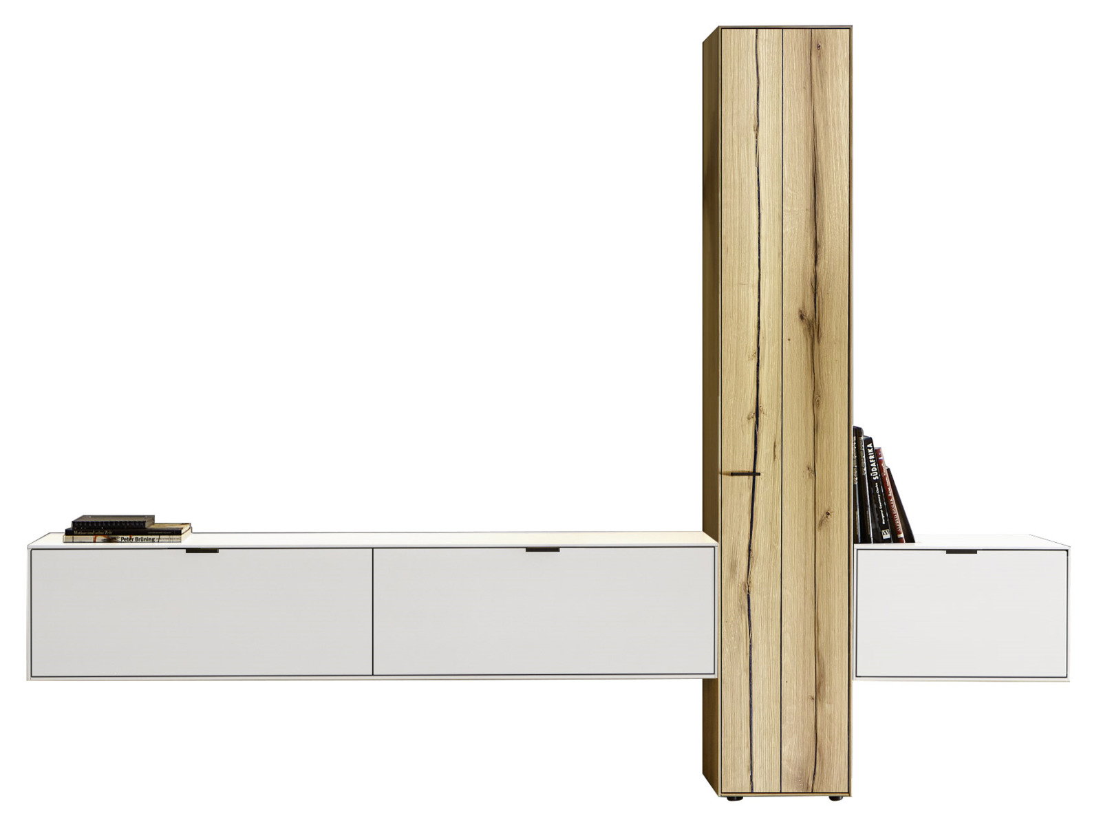 Moderne Wandkombination mit weißem Stauraum und vertikalem Holzelement, seitliche Perspektive.