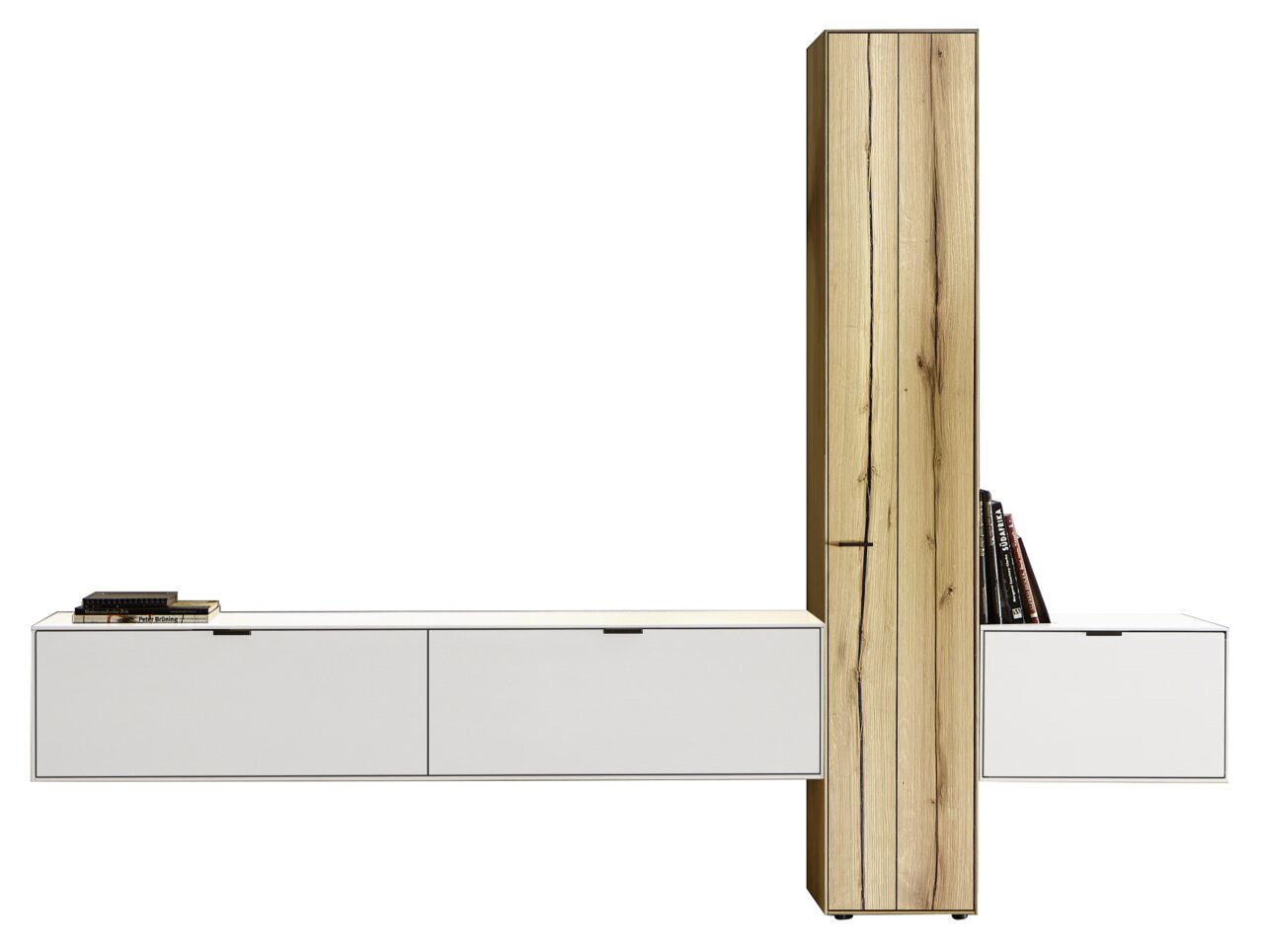 Moderne Wandkombination mit weißem Stauraum und vertikalem Holzelement, seitliche Perspektive.