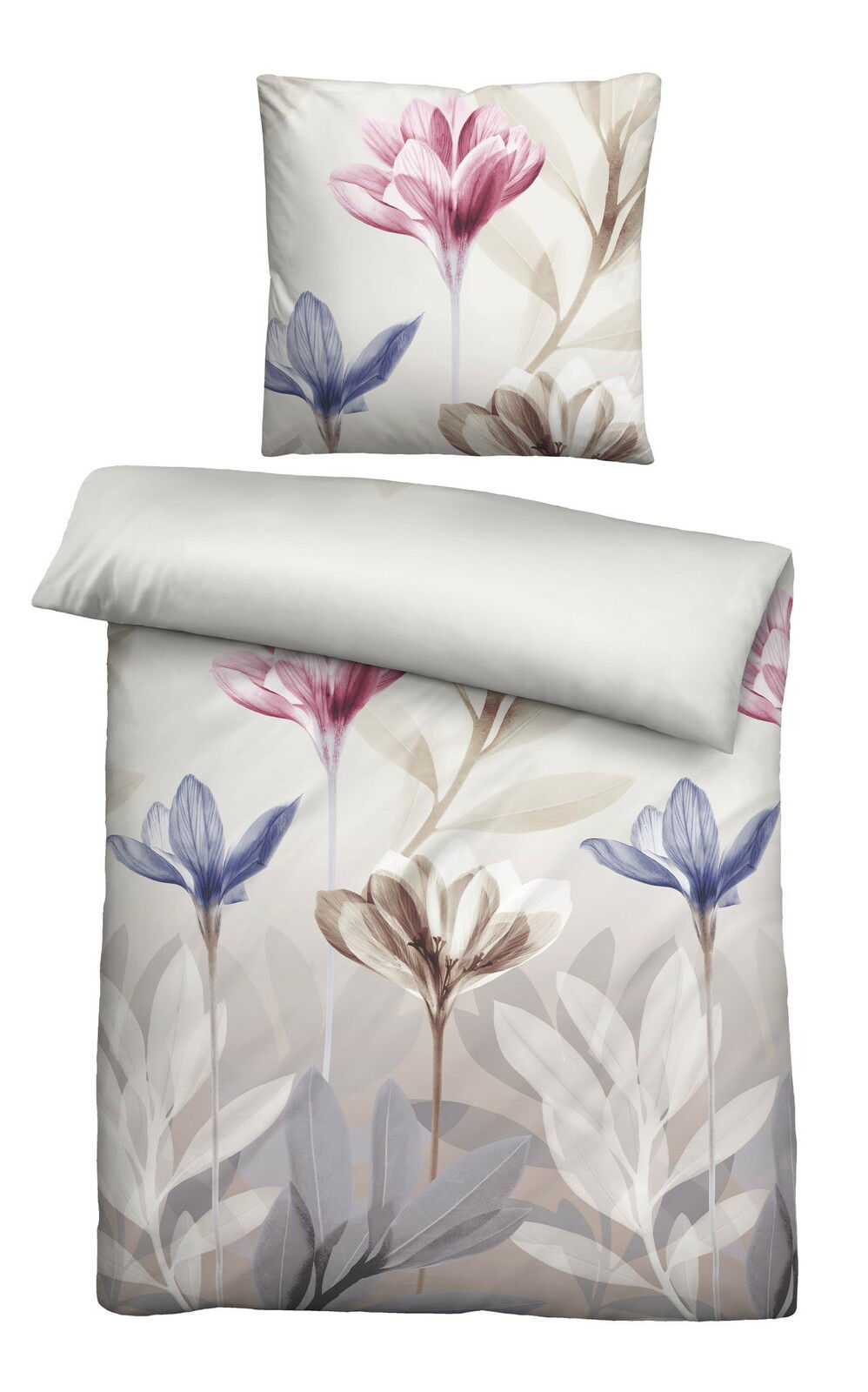 Biberna Bettwäsche Bettwäsche-Set mit floralem Design in sanften Farben, bestehend aus einem Kissenbezug und einem Deckenbezug, aus der Vogelperspektive fotografiert.