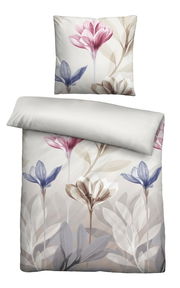 Bettwäsche-Set mit floralem Design in sanften Farben, bestehend aus einem Kissenbezug und einem Deckenbezug, aus der Vogelperspektive fotografiert.