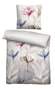 Bettwäsche-Set mit floralem Design in sanften Farben, bestehend aus einem Kissenbezug und einem Deckenbezug, aus der Vogelperspektive fotografiert.