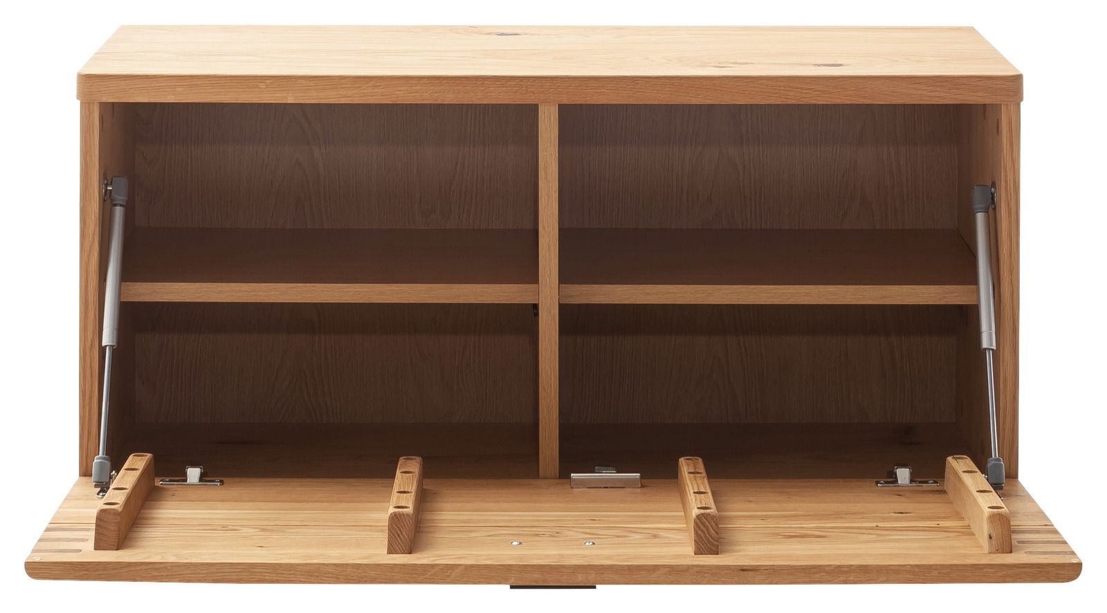 Holzbank mit Stauraum, geöffnete Frontansicht