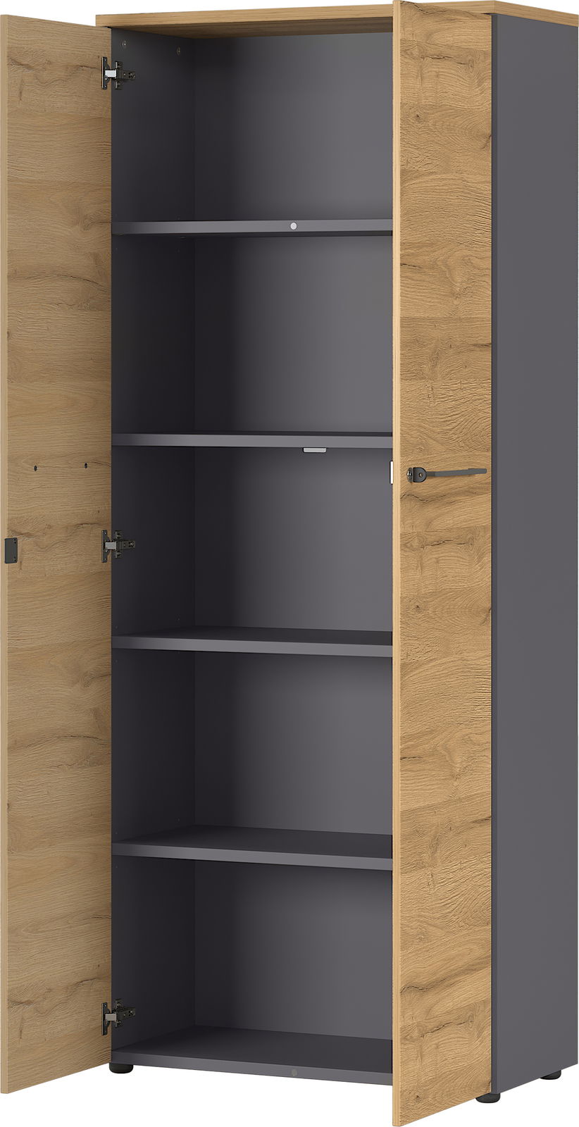 Offener Aktenschrank mit Holztüren und grauen Innenfächern, Frontalansicht