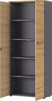 Offener Aktenschrank mit Holztüren und grauen Innenfächern, Frontalansicht