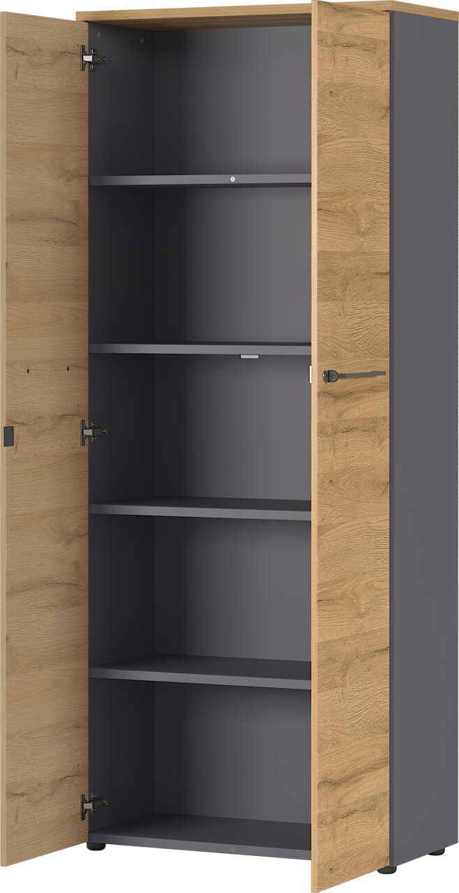 Offener Aktenschrank mit Holztüren und grauen Innenfächern, Frontalansicht