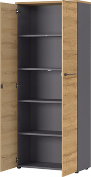 Offener Aktenschrank mit Holztüren und grauen Innenfächern, Frontalansicht