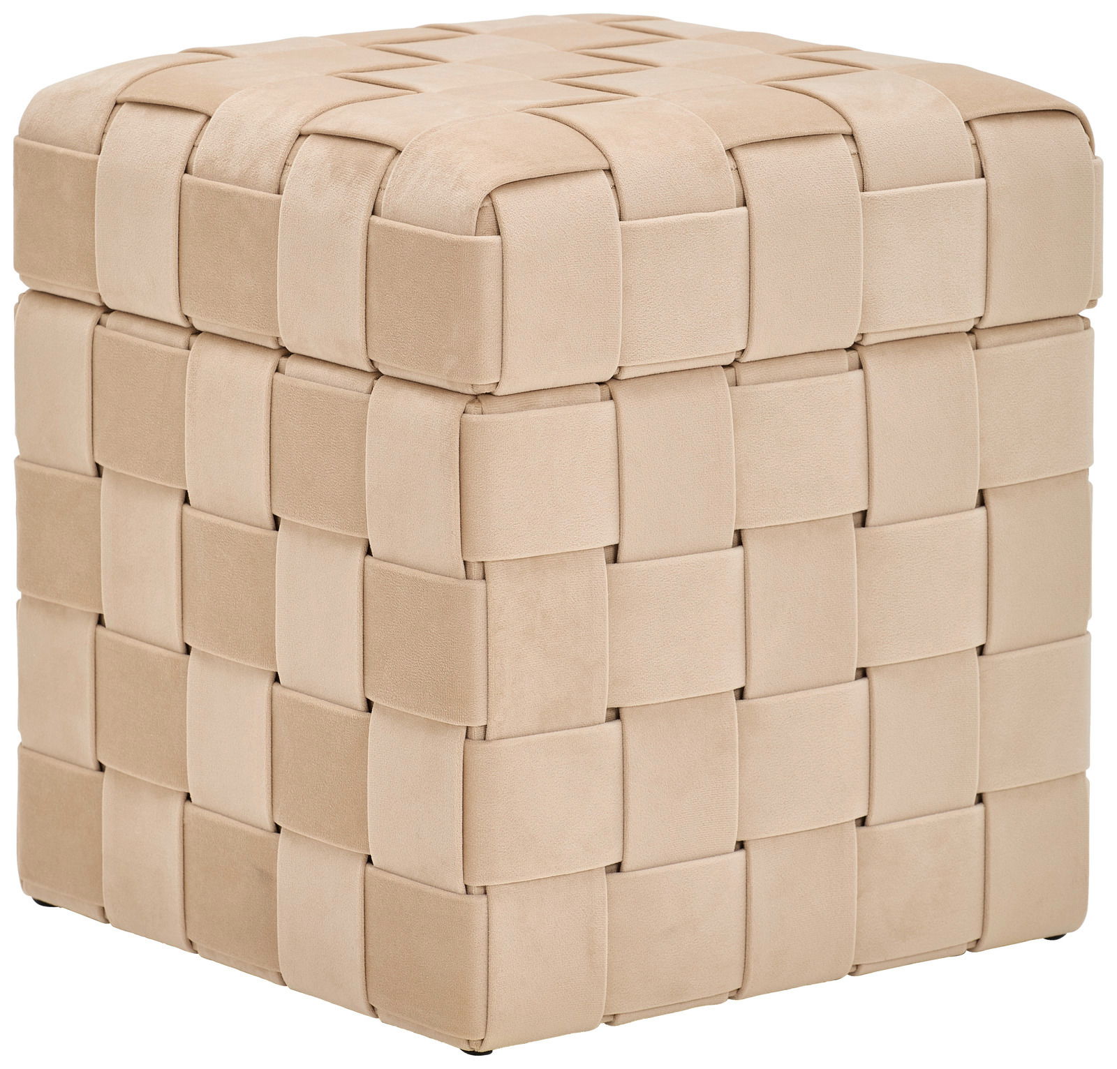 Beiger Hocker mit Stauraum, geflochtenes Design, seitliche Perspektive