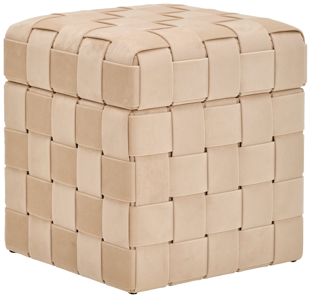 Beige poef met opbergruimte, gevlochten ontwerp, zijaanzicht