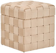 Beige poef met opbergruimte, gevlochten ontwerp, zijaanzicht