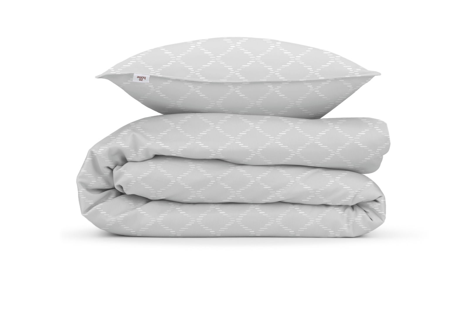 Graue Bettwäsche mit dezentem Muster, bestehend aus einem Kissenbezug und einem gefalteten Bettdeckenbezug, frontal betrachtet.