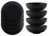 Schwarzes 8-teiliges Dinner-Set Caviar, bestehend aus vier flachen Tellern und vier tiefen Schalen, seitliche und obere Perspektive.