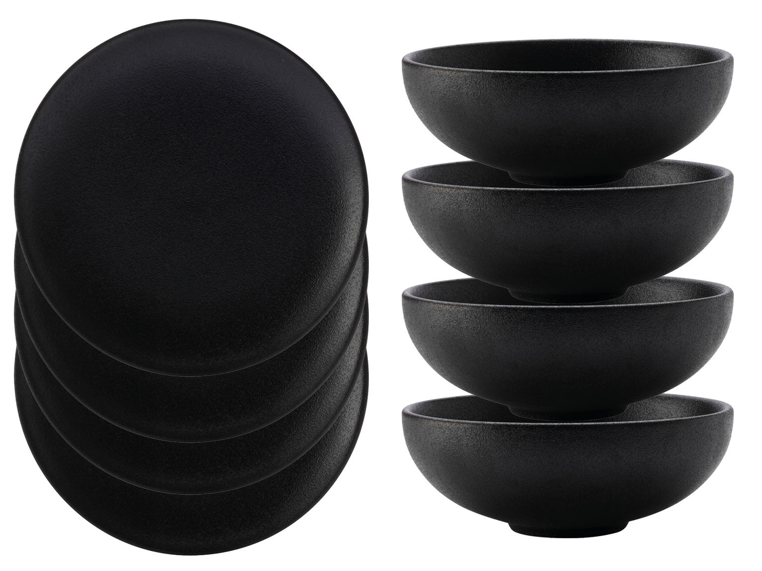 Schwarzes 8-teiliges Dinner-Set Caviar, bestehend aus vier flachen Tellern und vier tiefen Schalen, seitliche und obere Perspektive.