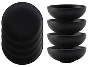 Schwarzes 8-teiliges Dinner-Set Caviar, bestehend aus vier flachen Tellern und vier tiefen Schalen, seitliche und obere Perspektive.