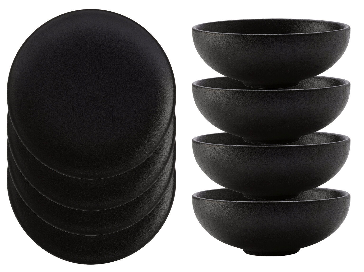 Schwarzes 8-teiliges Dinner-Set Caviar, bestehend aus vier flachen Tellern und vier tiefen Schalen, seitliche und obere Perspektive.