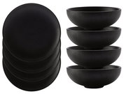Schwarzes 8-teiliges Dinner-Set Caviar, bestehend aus vier flachen Tellern und vier tiefen Schalen, seitliche und obere Perspektive.