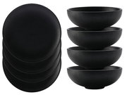 Schwarzes 8-teiliges Dinner-Set Caviar, bestehend aus vier flachen Tellern und vier tiefen Schalen, seitliche und obere Perspektive.