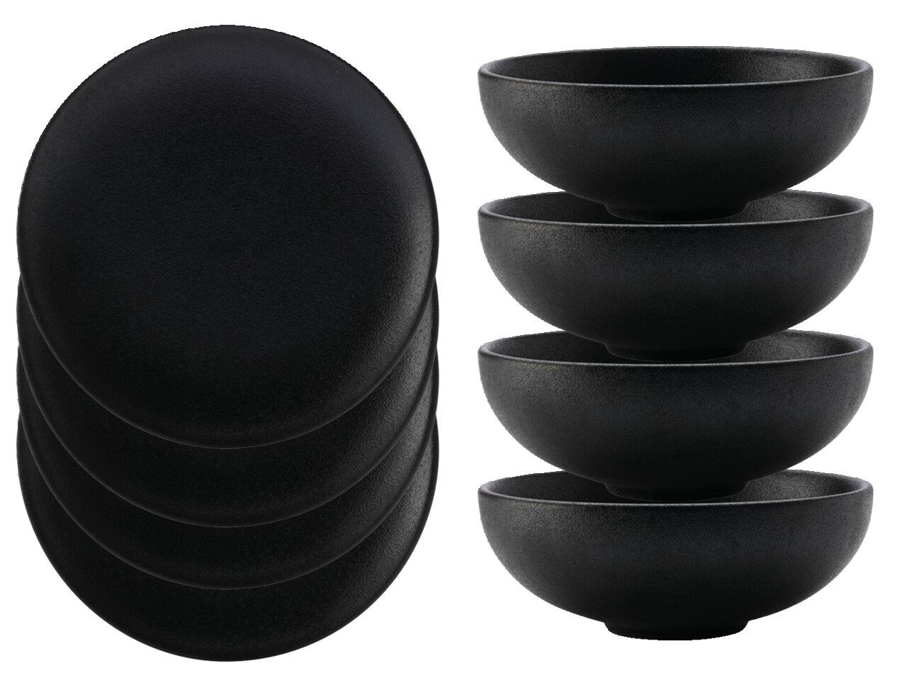 Schwarzes 8-teiliges Dinner-Set Caviar, bestehend aus vier flachen Tellern und vier tiefen Schalen, seitliche und obere Perspektive.