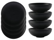 Schwarzes 8-teiliges Dinner-Set Caviar, bestehend aus vier flachen Tellern und vier tiefen Schalen, seitliche und obere Perspektive.