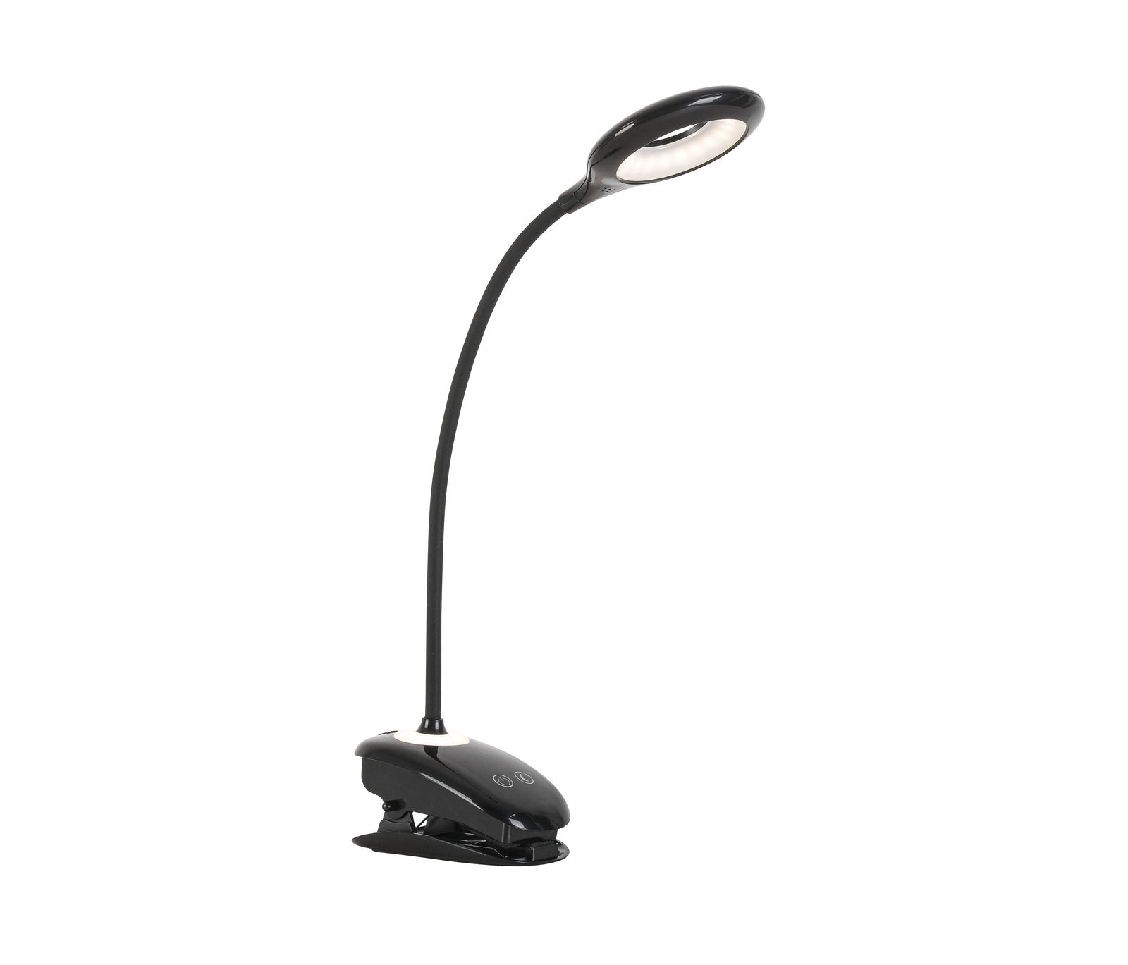 LED-Klemmleuchte in seitlicher Perspektive mit flexiblem Hals und rundem Leuchtkopf