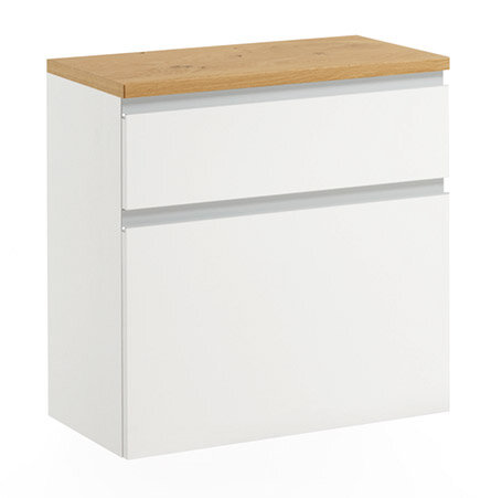 Moderner Hängeschuhschrank in Weiß mit Holzoberfläche, frontale Ansicht