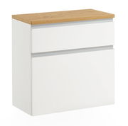 Moderner Hängeschuhschrank in Weiß mit Holzoberfläche, frontale Ansicht