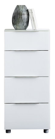 Weiße Hochkommode mit vier Schubladen, darauf eine graue Vase und zwei Bücher, Frontalansicht.