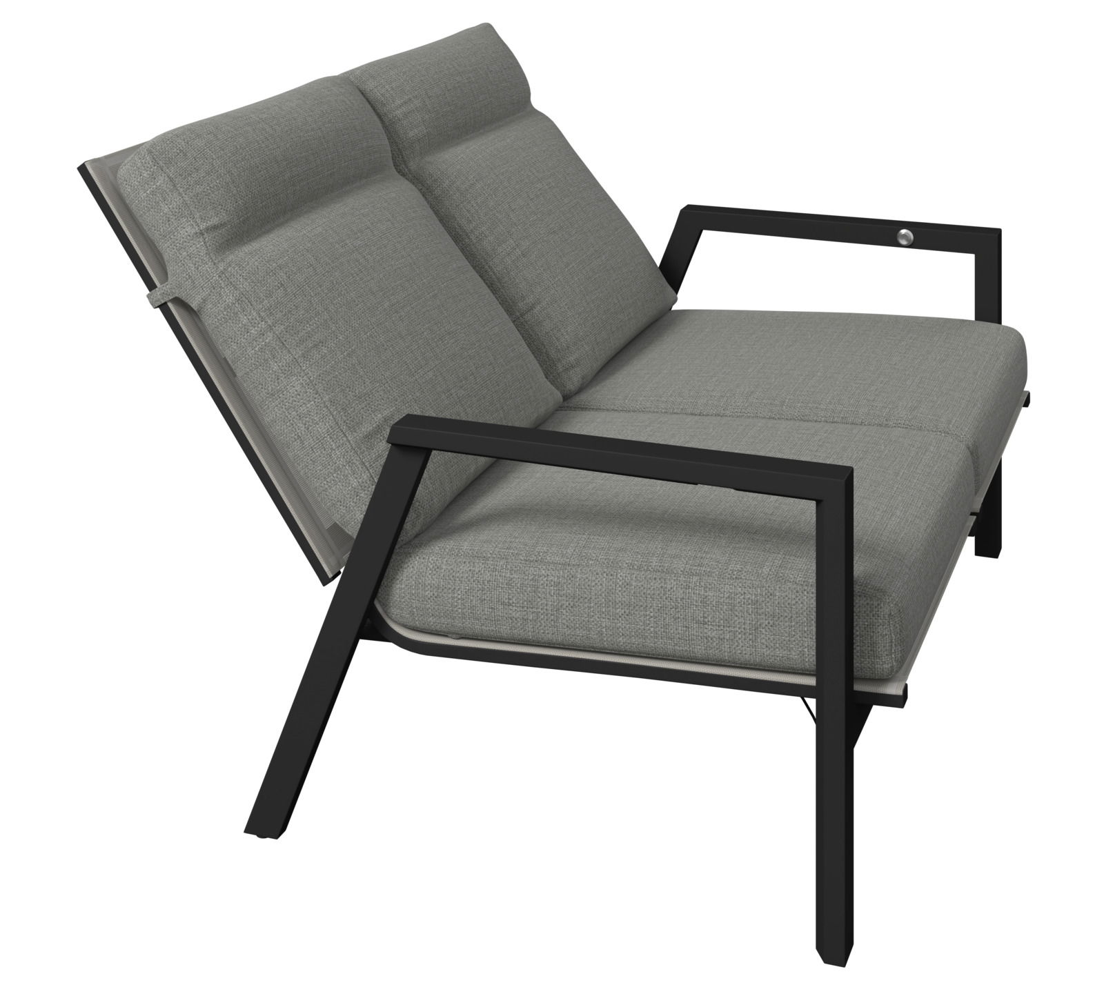 Gartenbank 2er mit grauen Polstern und schwarzem Metallrahmen, seitliche Perspektive