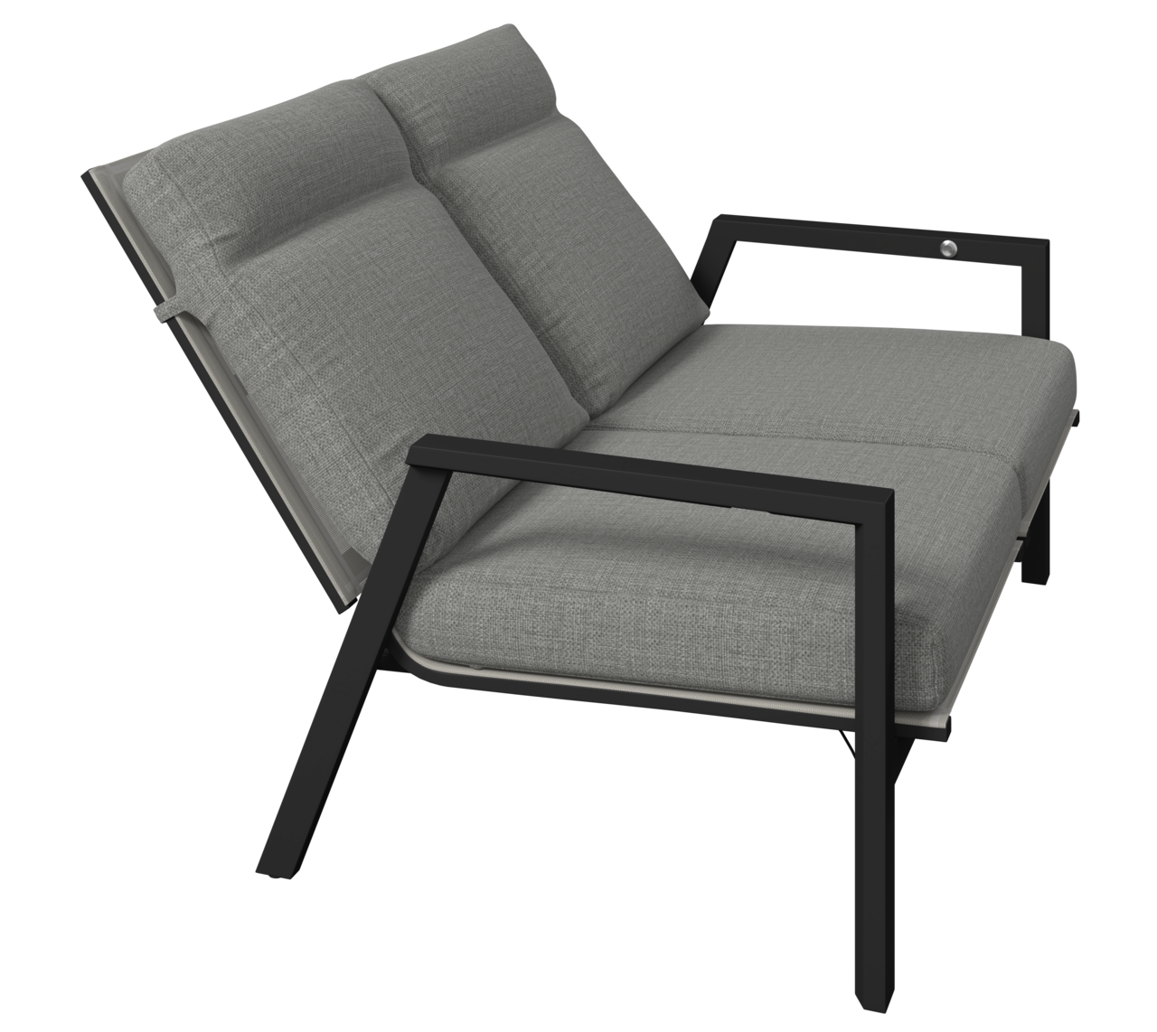 Gartenbank 2er mit grauen Polstern und schwarzem Metallrahmen, seitliche Perspektive