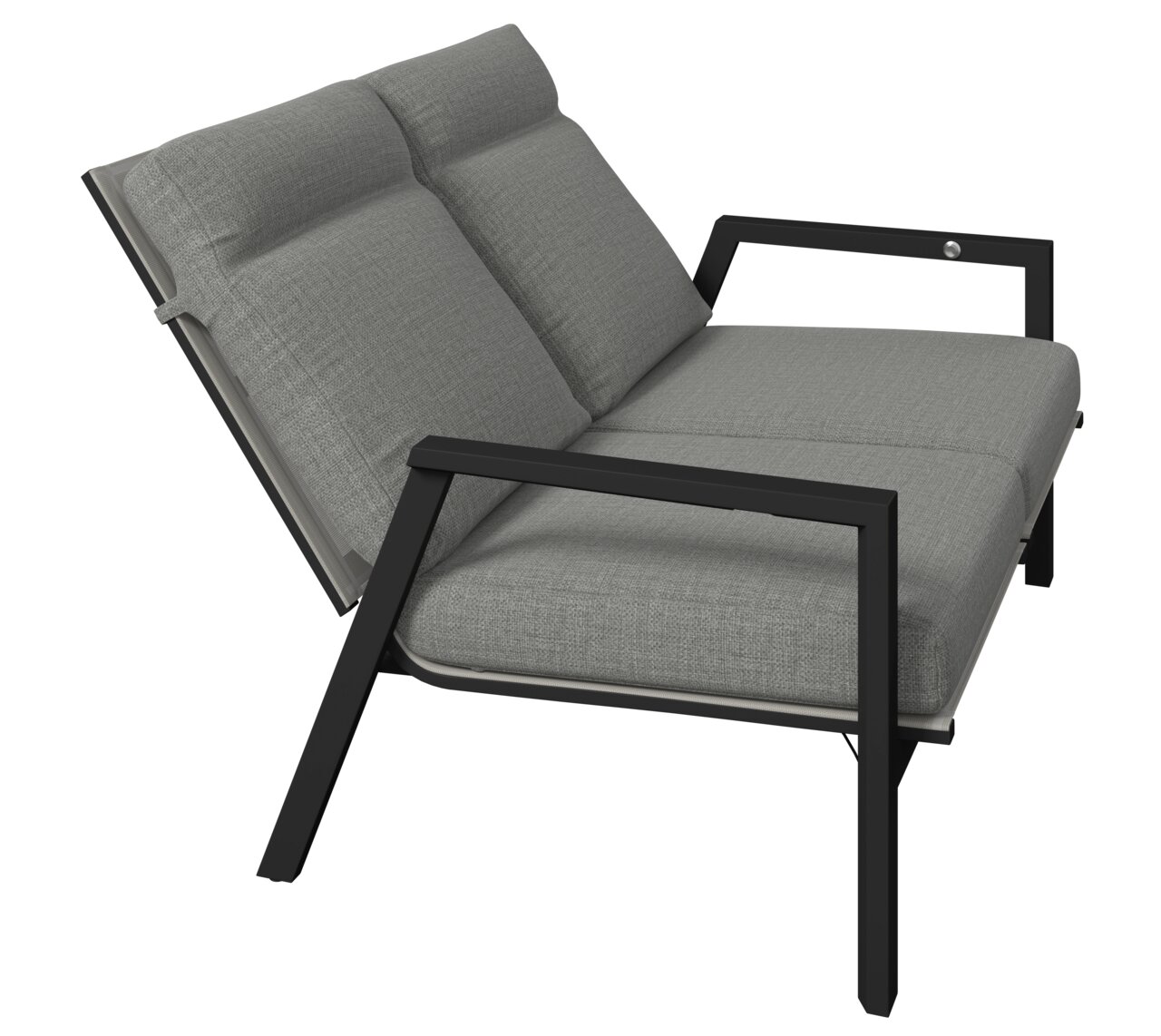 Gartenbank 2er mit grauen Polstern und schwarzem Metallrahmen, seitliche Perspektive