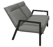 Gartenbank 2er mit grauen Polstern und schwarzem Metallrahmen, seitliche Perspektive