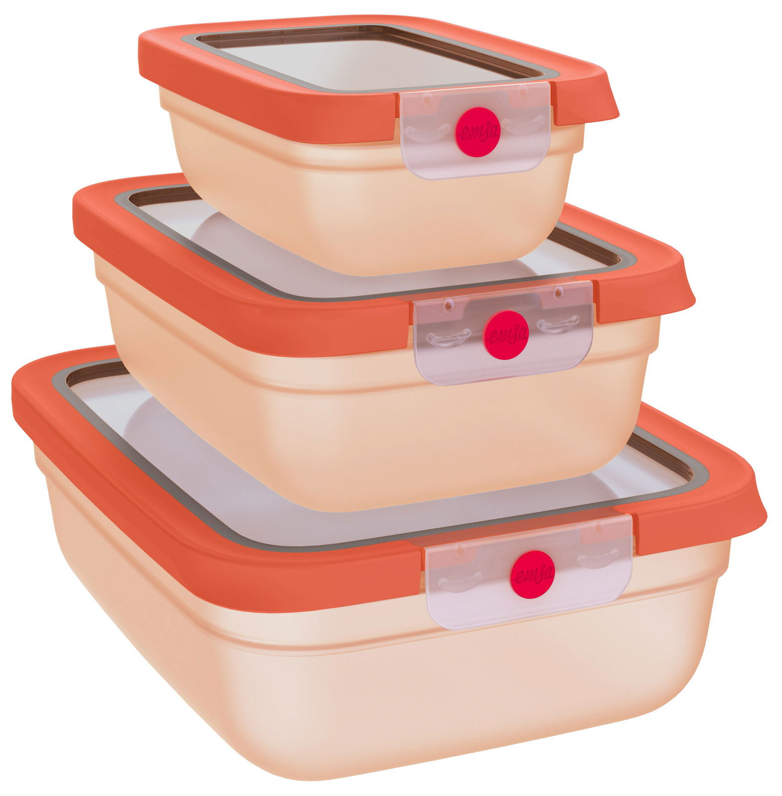 Emsa Frischhaltedosen-Set 3-tlg. ONE CLICK Dreiteiliges Frischhaltedosen-Set in verschiedenen Größen, gestapelt, mit orangefarbenen Deckeln und transparenten Verschlüssen, seitliche Perspektive.