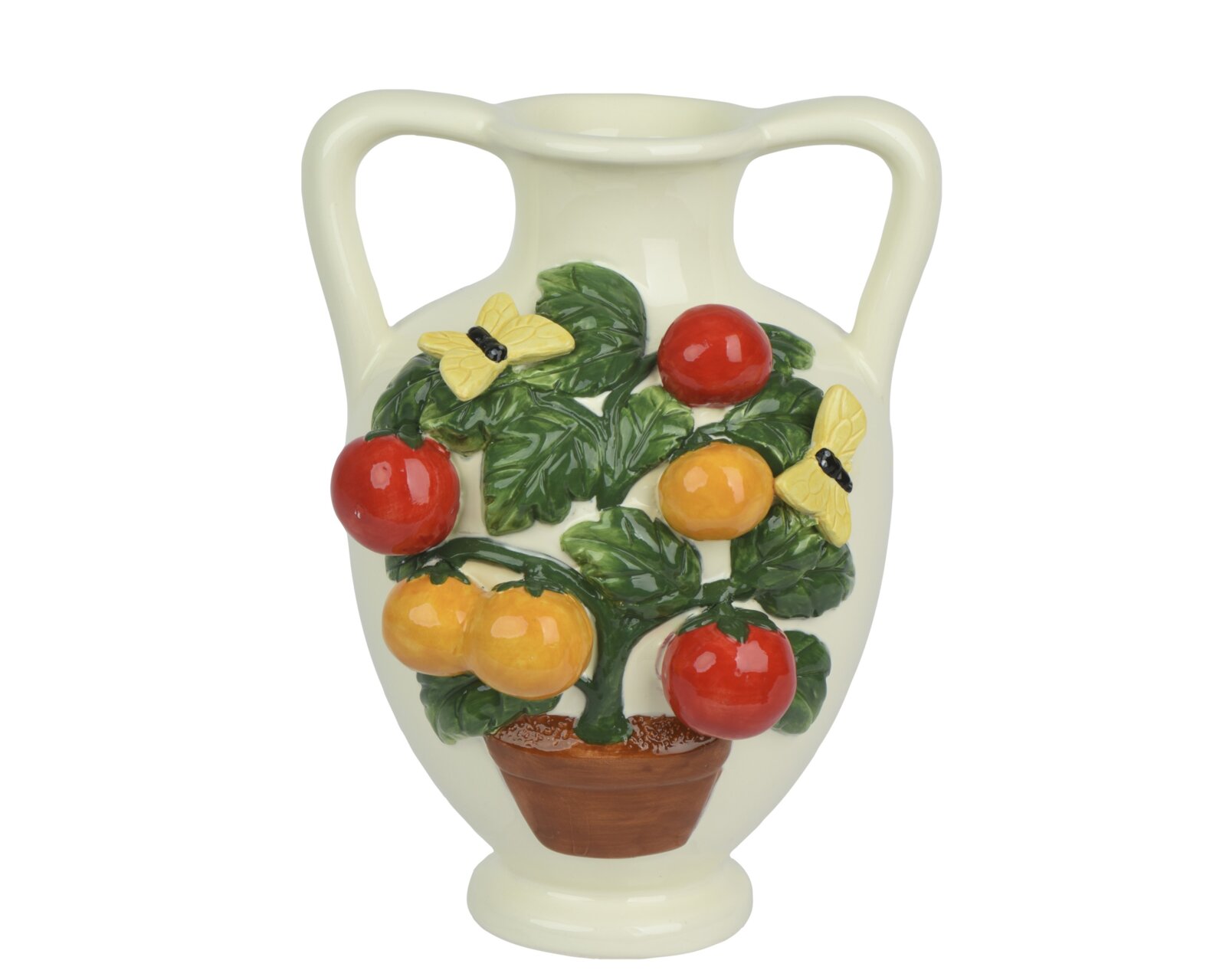 Decoris Vase 22cm Keramikvase in Cremeweiß mit zwei seitlichen Henkeln, reliefierter Obst- und Blätterdekoration sowie gelben Schmetterlingen; Frontansicht, leicht von oben fotografiert.