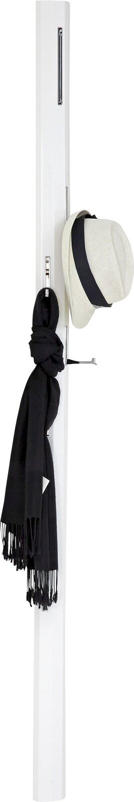 Weißes Garderobenpaneel mit Hut und Schal, seitliche Perspektive