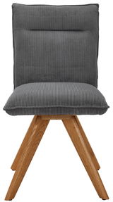 Grauer Stuhl mit geripptem Stoffbezug und Holzbeinen, Frontalansicht