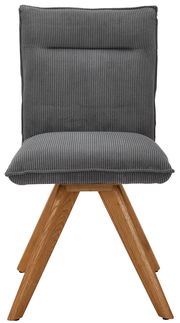 Grauer Stuhl mit geripptem Stoffbezug und Holzbeinen, Frontalansicht