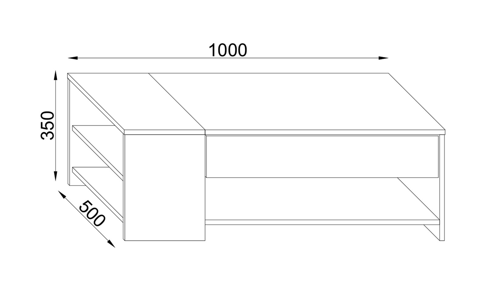 Technische Zeichnung eines rechteckigen Couchtischs mit Ablagefach/Regal, Maße 1000 x 500 x 350 mm, dargestellt in schräger Perspektive von vorne links.