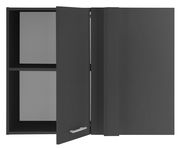 Eckschrank mit zwei Türen, eine leicht geöffnet, in dunkler Farbe, frontal betrachtet