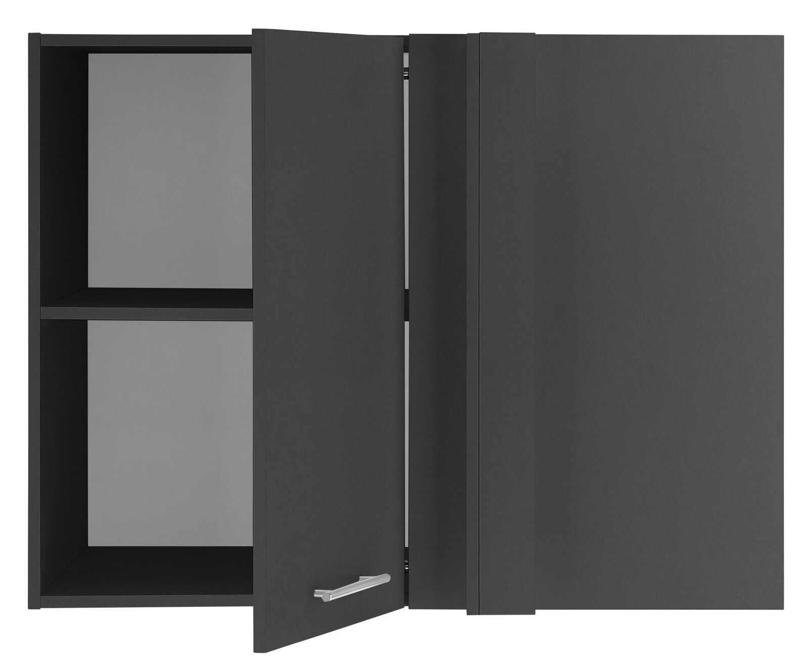 Eckschrank mit zwei Türen, eine leicht geöffnet, in dunkler Farbe, frontal betrachtet