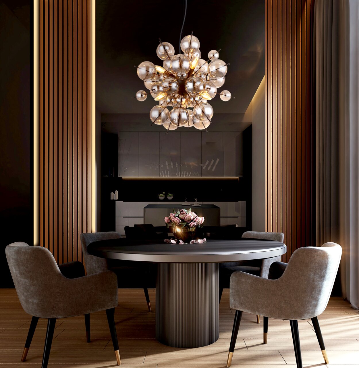 Moderne Hängeleuchte mit kugelförmigem Design über einem Esstisch, seitliche Perspektive.