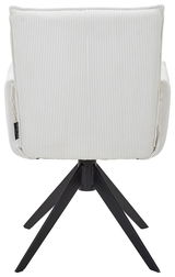 Rückansicht eines weißen Armlehnstuhls mit gestreiftem Stoffbezug und schwarzem Metallgestell.