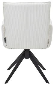 Rückansicht eines weißen Armlehnstuhls mit gestreiftem Stoffbezug und schwarzem Metallgestell.